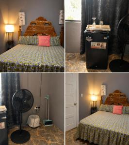 four pictures of a bedroom with a bed and a refrigerator at Renee Oasis in Negril