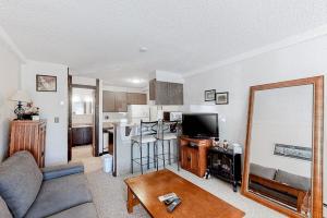 a living room with a couch and a kitchen at Wildernest Getaway in Silverthorne