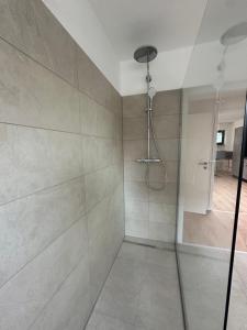 a shower with a glass door in a bathroom at Ferienwohnung am Park in Brilon