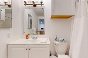 a bathroom with a sink and a toilet and a mirror at Slope-Walk Condo in Sandpoint +43 photos