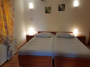 ein Schlafzimmer mit einem Bett und zwei Lampen an der Wand in der Unterkunft Apartaments Am Schloß in Bevern