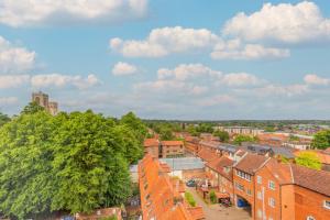 an aerial view of a city with buildings and trees at Stylish Central Location Apartment in Norwich