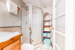 a bathroom with a shower and a toilet at Big Sky Ski Condo in Big Sky