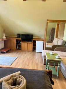 a living room with a couch and a tv at Guest House Naglis in Neringa