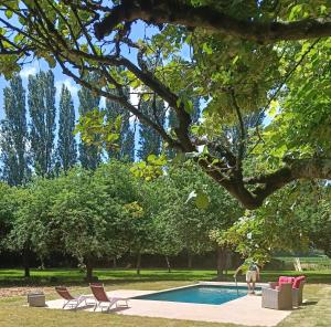 a man is standing next to a swimming pool at Domaine le bas bois in Neuville-sur-Sarthe