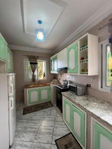 a kitchen with green cabinets and a white refrigerator at Dar halouma in Tabarka +6 photos