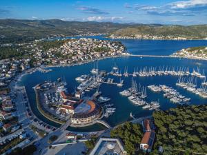 an aerial view of a harbor with boats at Apartments at Frapa in Rogoznica