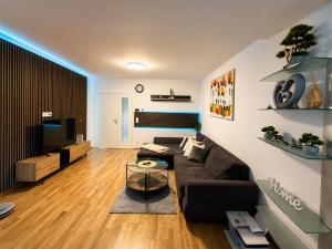 a living room with a couch and a television at Luxury Villa Vienna in Mauerbach