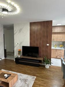 a living room with a television and a large fireplace at New Bubanj Apartment 3 in Kragujevac +2 photos