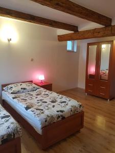 a bedroom with a bed and a dresser and a mirror at Apartaments Am Schloß in Bevern