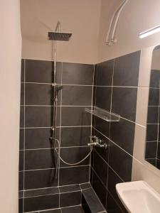 a bathroom with a shower with black tiles at Cozy & modern apartment! in Kiaton
