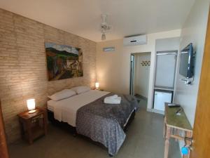 a hotel room with a bed and a television at Pouso do parente in Pirenópolis