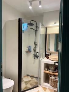 a bathroom with a shower and a toilet at Nunu HOUSE Urla in Urla +19 photos