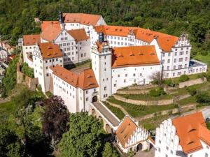 an aerial view of a large white building with orange roofs at Cosy Studio flat in the centre of Colditz in Colditz