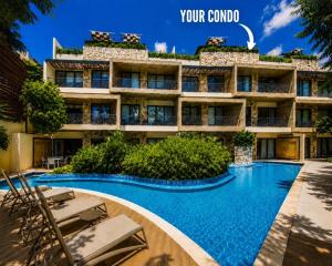 a hotel with a swimming pool in front of a building at Casa Vibe PH- Private Rooftop - 3 Balcony - Pool in Tulum