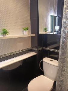 a bathroom with a toilet and a sink and a mirror at Azyl in Darłówko