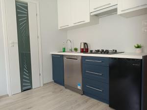 a kitchen with blue cabinets and a sink at Azyl in Darłówko +35 photos