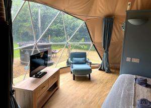a bedroom with a tent with a chair and a television at Cherry Tree Dome in Smeeth