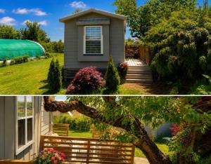 a house with a fence in a yard at Honey & Hook Tiny Home with Breakfast in St. Catharines