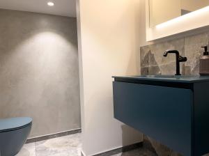a bathroom with a blue sink and a toilet at Oru Park & Sea Apartment in Tallinn
