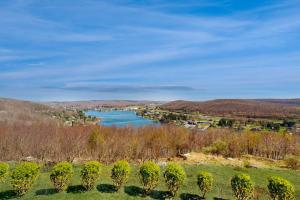 a view of a lake from a hill with trees at Amazing Overlook in McHenry