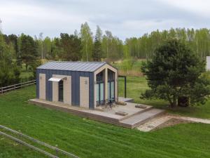 a tiny house in a field withgrass at Forrest Guest House Ameli in Ķesterciems
