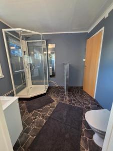a bathroom with a glass shower and a toilet at Oldervik Sea House in Tromsø +44 photos