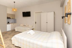 a bedroom with two beds and a kitchen at Kastalia Studios And APARTMENTS in Skala Potamias