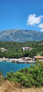 a large body of water with a mountain in the background at Maca apartmani in Utjeha