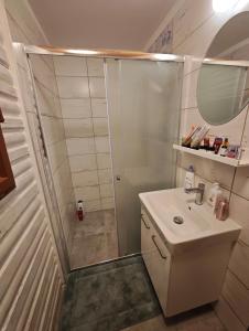a bathroom with a shower and a sink at Chata Radostín in Radostín
