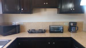 a kitchen counter with a microwave and a toaster oven at Hotel palma de oro in Puerto Peñasco