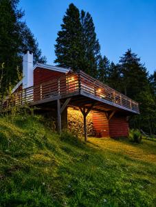 a house on a hill with lights on it at Forest Cabin by the Water in Ålesund