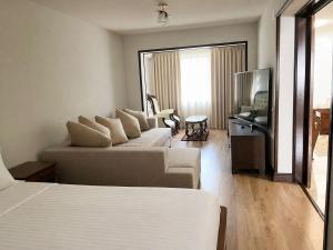 a living room with two beds and a flat screen tv at Hotel Trei Brazi in Băile Olăneşti +29 photos