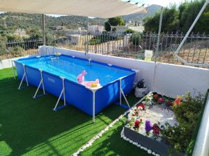 a swimming pool with a pink duck in the middle at Ξενώνας της Αγάπης in Salamina