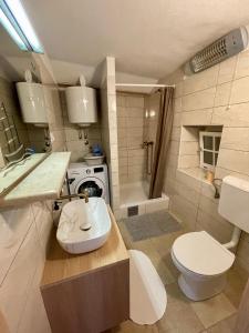 a bathroom with a toilet and a sink and a stove at Apartman Nono Tone in Lubenice