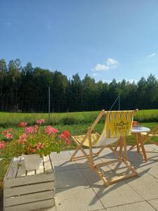a chair and a table and flowers in a garden at Osada Wilaneska domki Mikołajki Mazury in Mikołajki