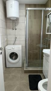 a bathroom with a washing machine and a shower at Apartman Pavlov 023 in Zrenjanin