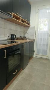 a kitchen with black cabinets and a stove top oven at Apartman Pavlov 023 in Zrenjanin