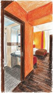 a drawing of a bedroom with a door leading to a bathroom at Pisolo Resort in Sanremo