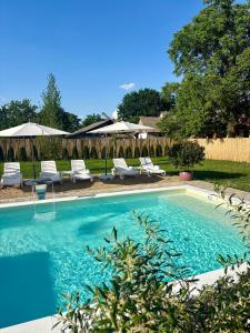 a swimming pool with chairs and umbrellas in a yard at Eko Apartmani in Bački Petrovac +93 photos