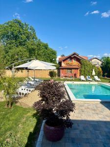 a house with a swimming pool and a building at Eko Apartmani in Bački Petrovac