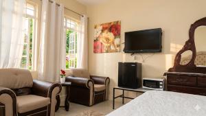 a bedroom with a bed and a tv and chairs at dela-de rose guesthouse in Negril