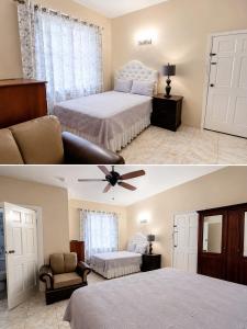 two pictures of a bedroom with a bed and a living room at dela-de rose guesthouse in Negril +1 photo
