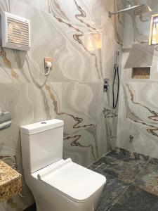 a bathroom with a toilet and a shower at Sennet Luxury Hotel in Uyo +45 photos