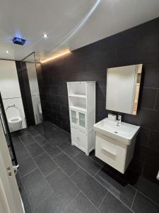 a bathroom with a sink and a mirror and a toilet at The Out House in Hemel Hempstead