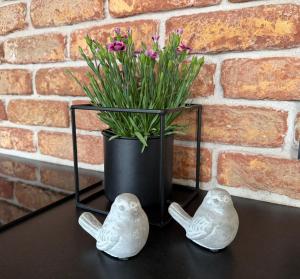 two white birds sitting on a table next to a vase with flowers at Studio Olesińska in Warsaw +32 photos