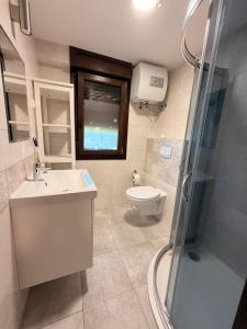 a bathroom with a toilet and a sink and a shower at Zefir Domek nr 5 in Dąbki +21 photos