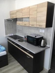 a kitchen counter with a microwave and a sink at Apartman Saris in Prešov
