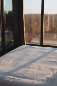 a bed in a room with two windows at Wild Sage in Orderville
