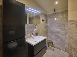 a bathroom with a white sink and a shower at Sientjeshof 2 in Diessen +48 photos